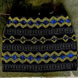 Gorgeous beaded mini skirt with blue sequins and yellow beads fully lined size M